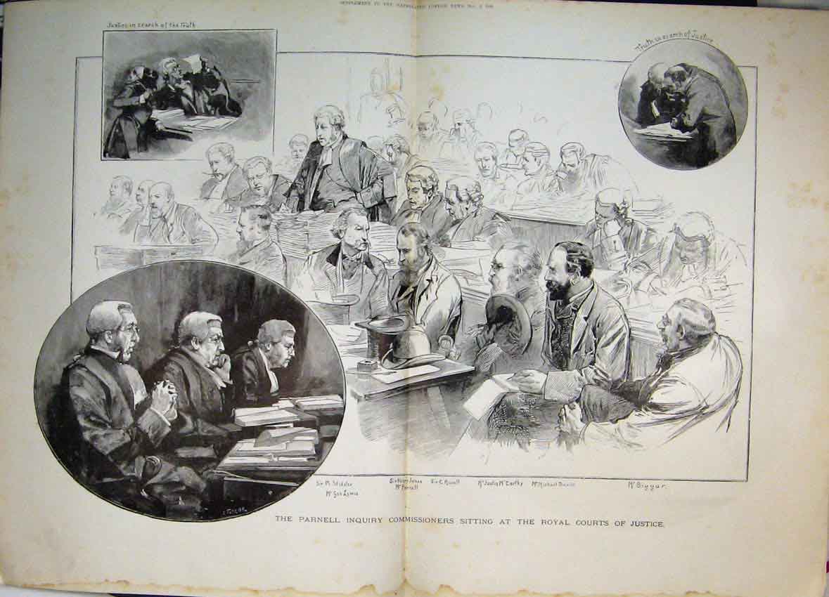 Original Old Antique Print Parnell Inquiry Commissioners Courts Justice 1888