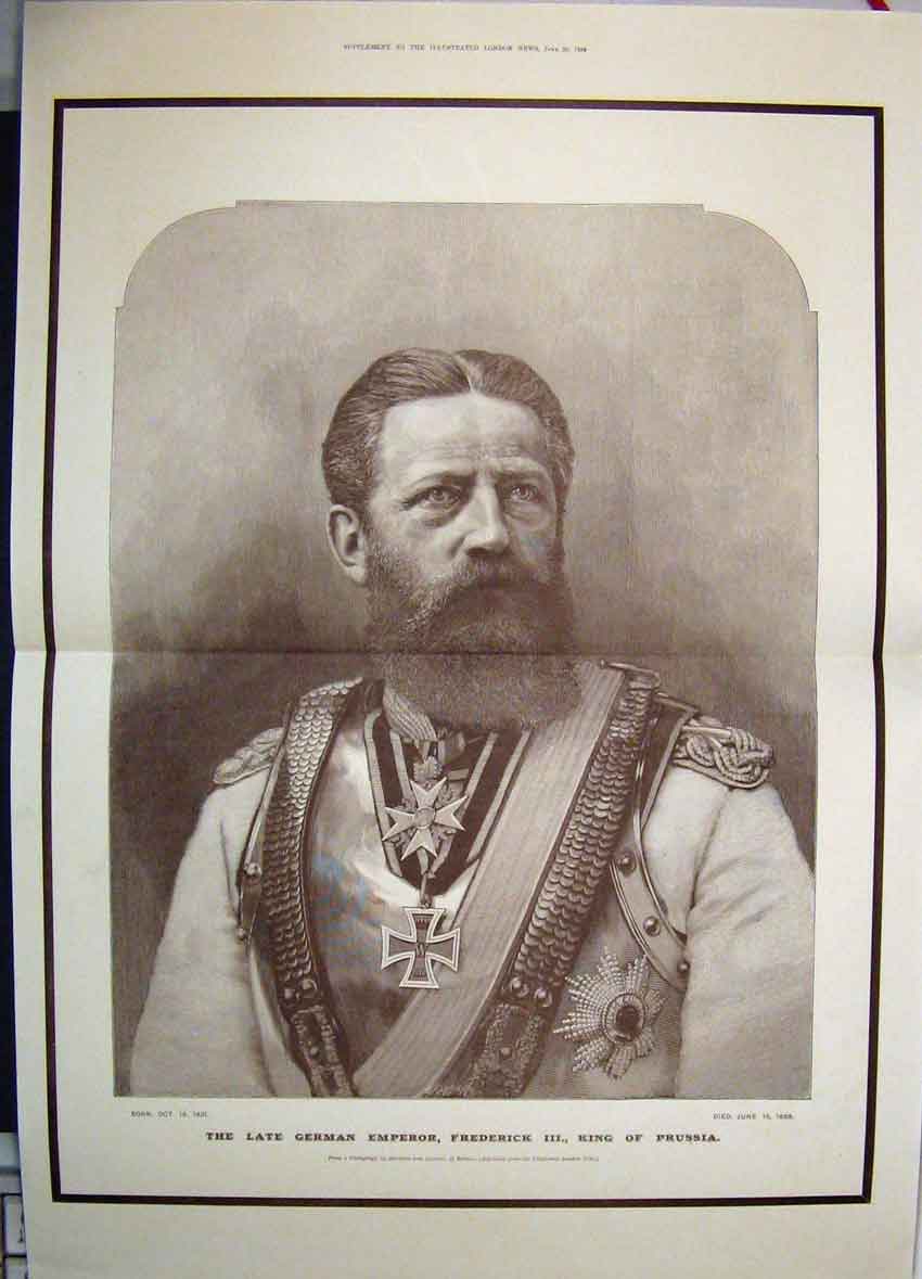 Old Antique Print Late German Emperor Frederick King Prussia Portrait1888 19th