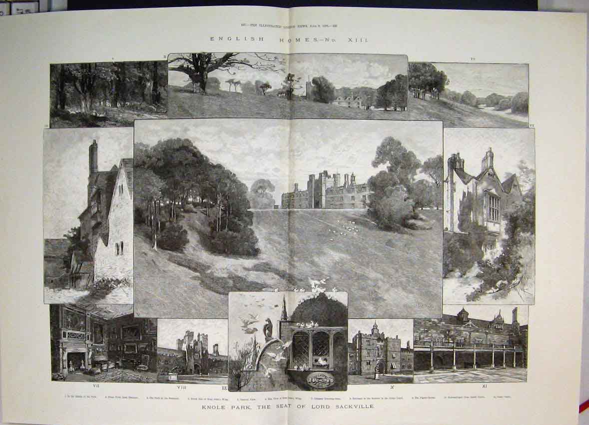 Original Old Antique Print English Homes Knole Park Seat Lord Sackville 1888