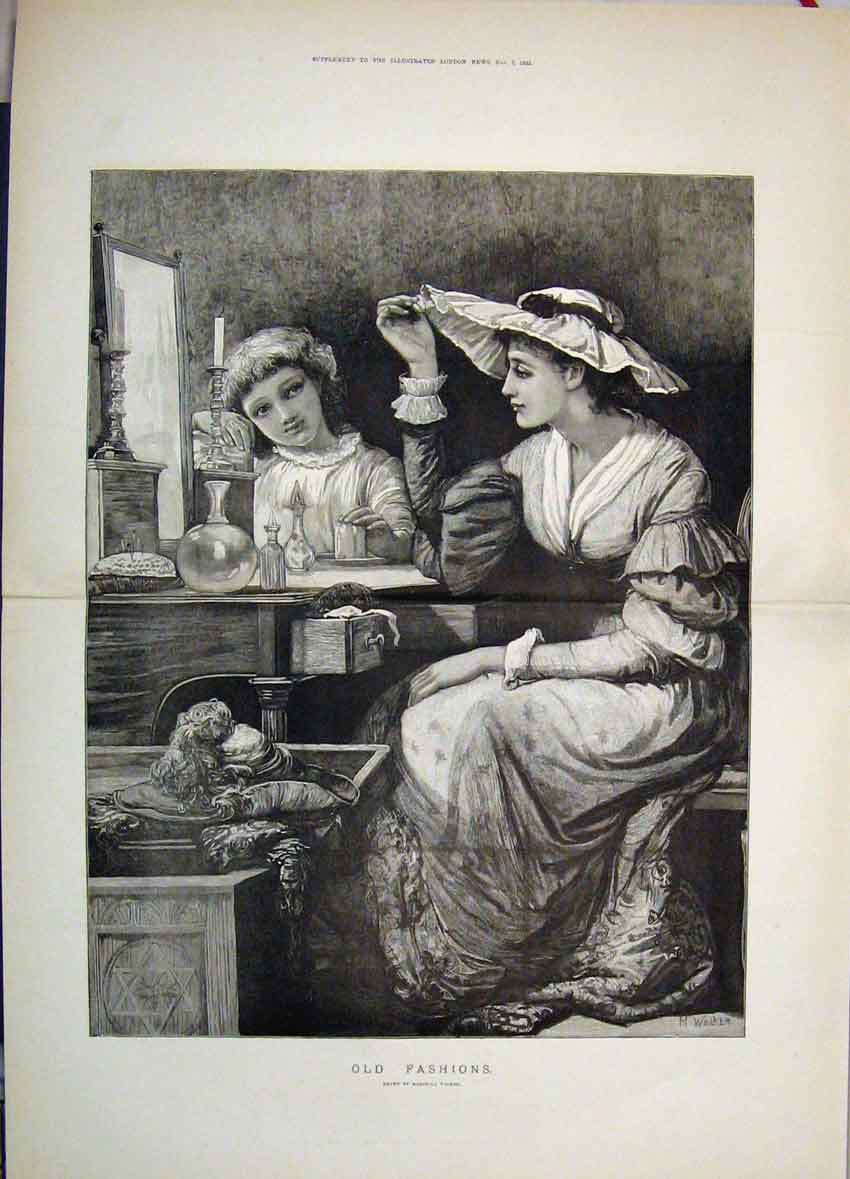 Original Old Antique Print Fashions Girls Dressing Up Walker 1885 19th