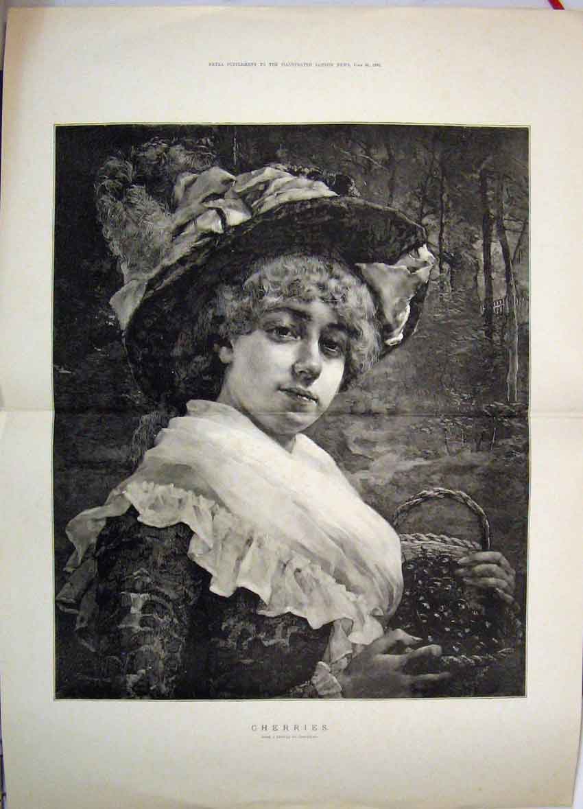 Original Old Antique Print Cherries Lady With Basket Portrait Edelfeldt 1883