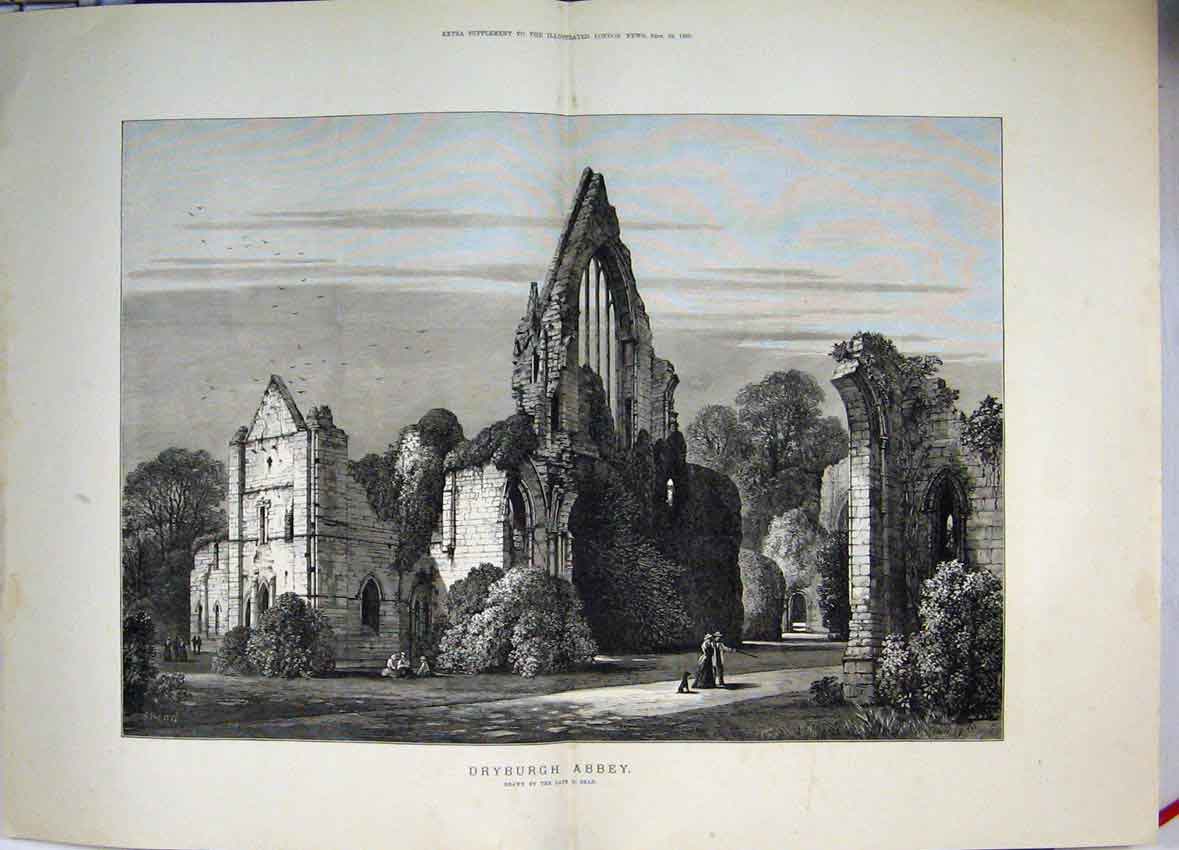 Original Old Antique Print Dryburgh Abbey Read Near Melrose 1883 19th