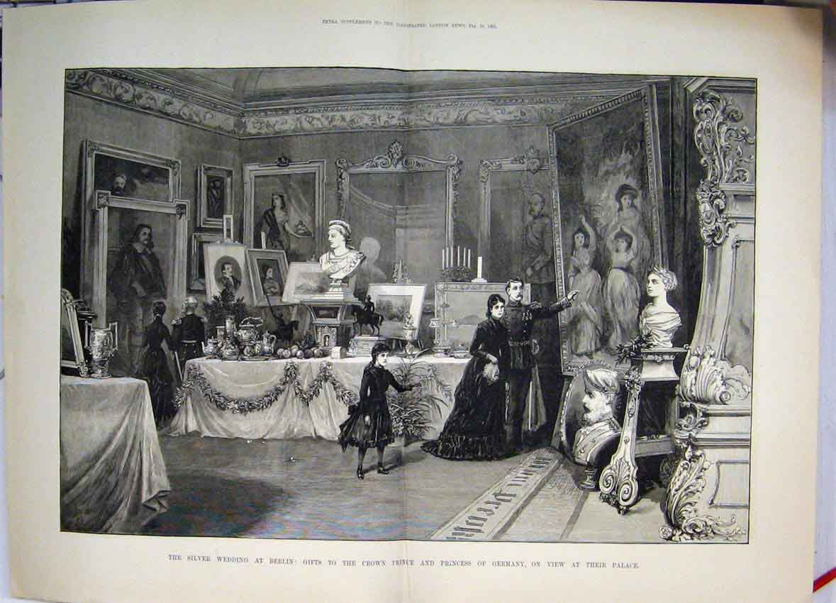 Original Old Antique Print Silver Wedding Gifts On View Palace Germany 1883 19th