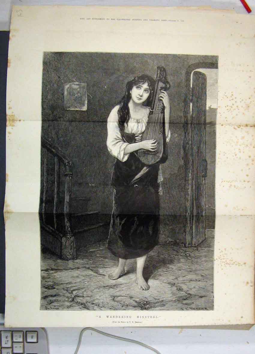 Original Old Antique Print A Wandering Minstrel Girl Plays Instrument 1883 19th