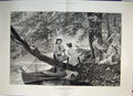 Original Old Antique Print Picnic On The River Lady On Tree Bough Water 1885
