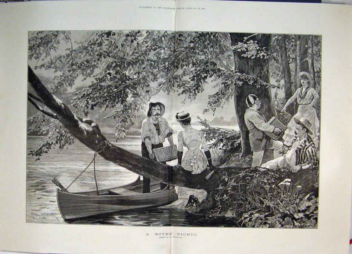 Original Old Antique Print Picnic On The River Lady On Tree Bough Water 1885