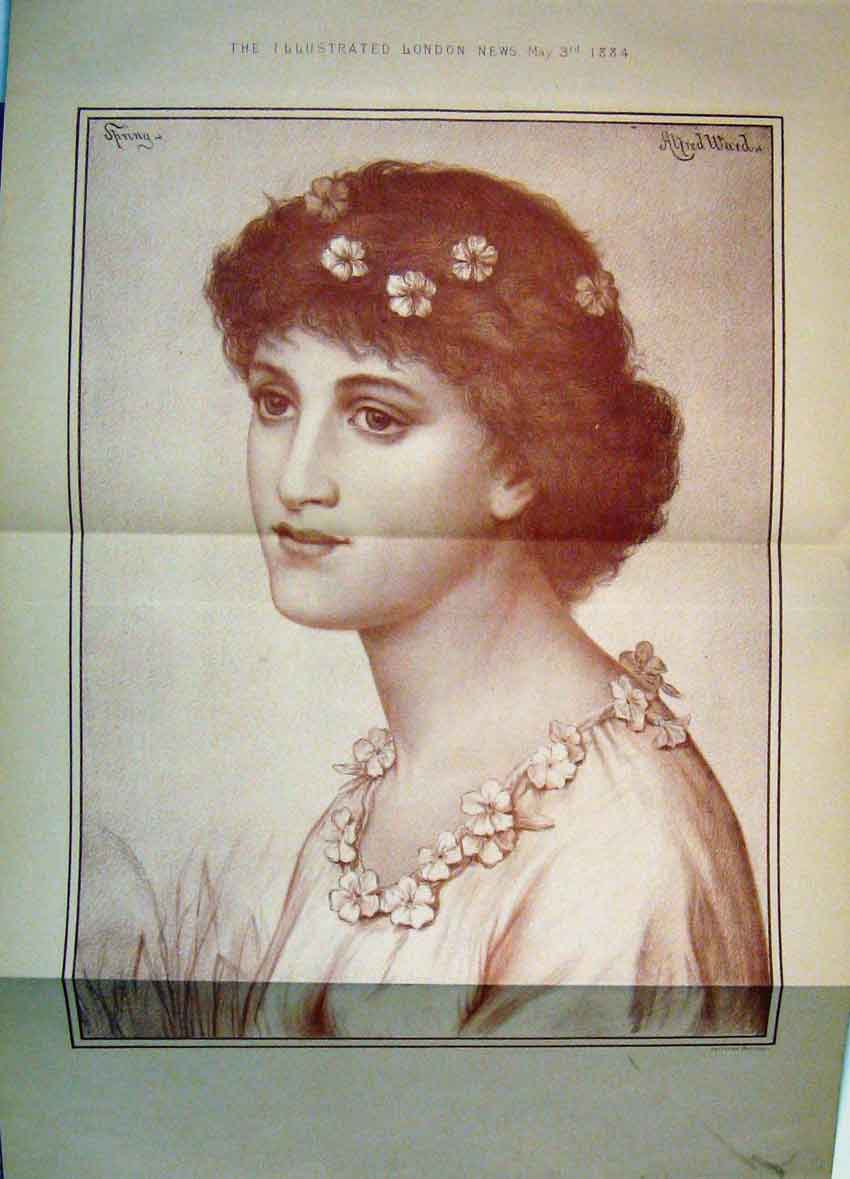 Old Antique Print Beautiful Lady Portrait Spring Flowers Alfred Ward 1884 19th
