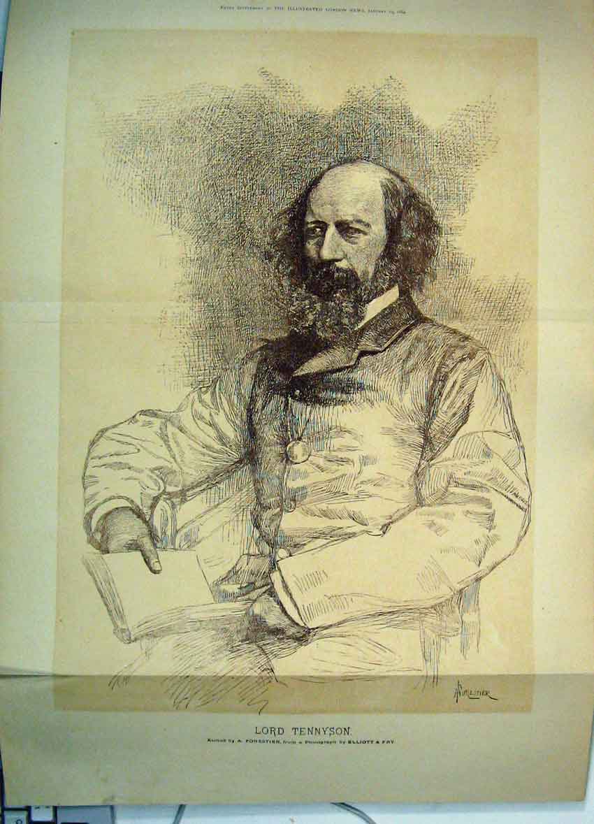 Original Old Antique Print 1884 Lord Tennyson Portrait Etched By Forestier 19th