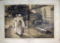 Original Old Antique Print Crowns Joy Sorrow Burial Christening Church 1884 19th
