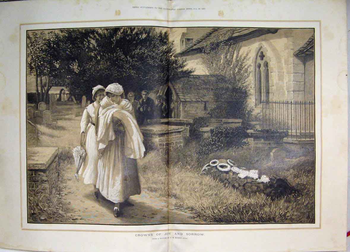 Original Old Antique Print Crowns Joy Sorrow Burial Christening Church 1884 19th
