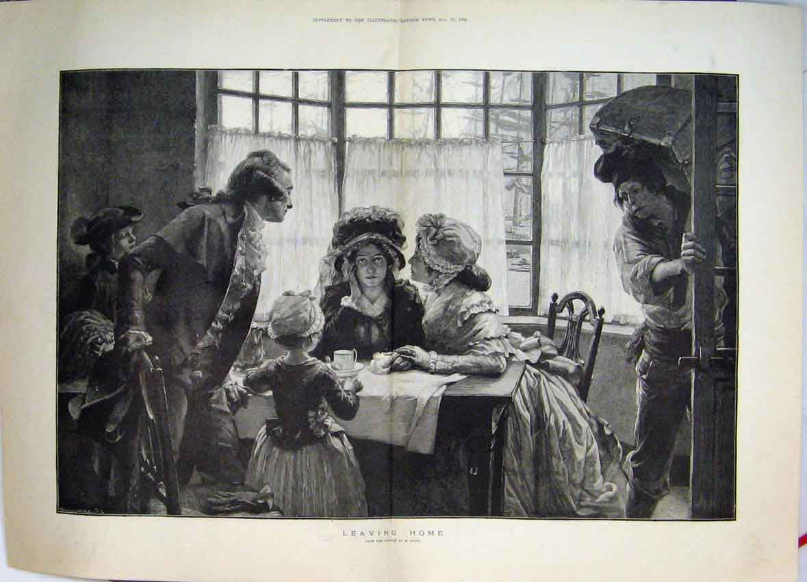 Original Old Antique Print Leaving Home Family Farewell Mother Sadness 1884 19th