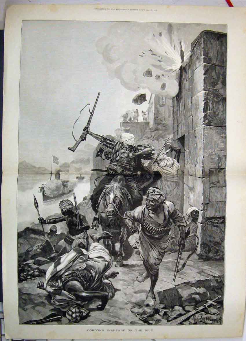 Original Old Antique Print 1884 Gordon'S Warfare On The Nile Men Run Horse 19th