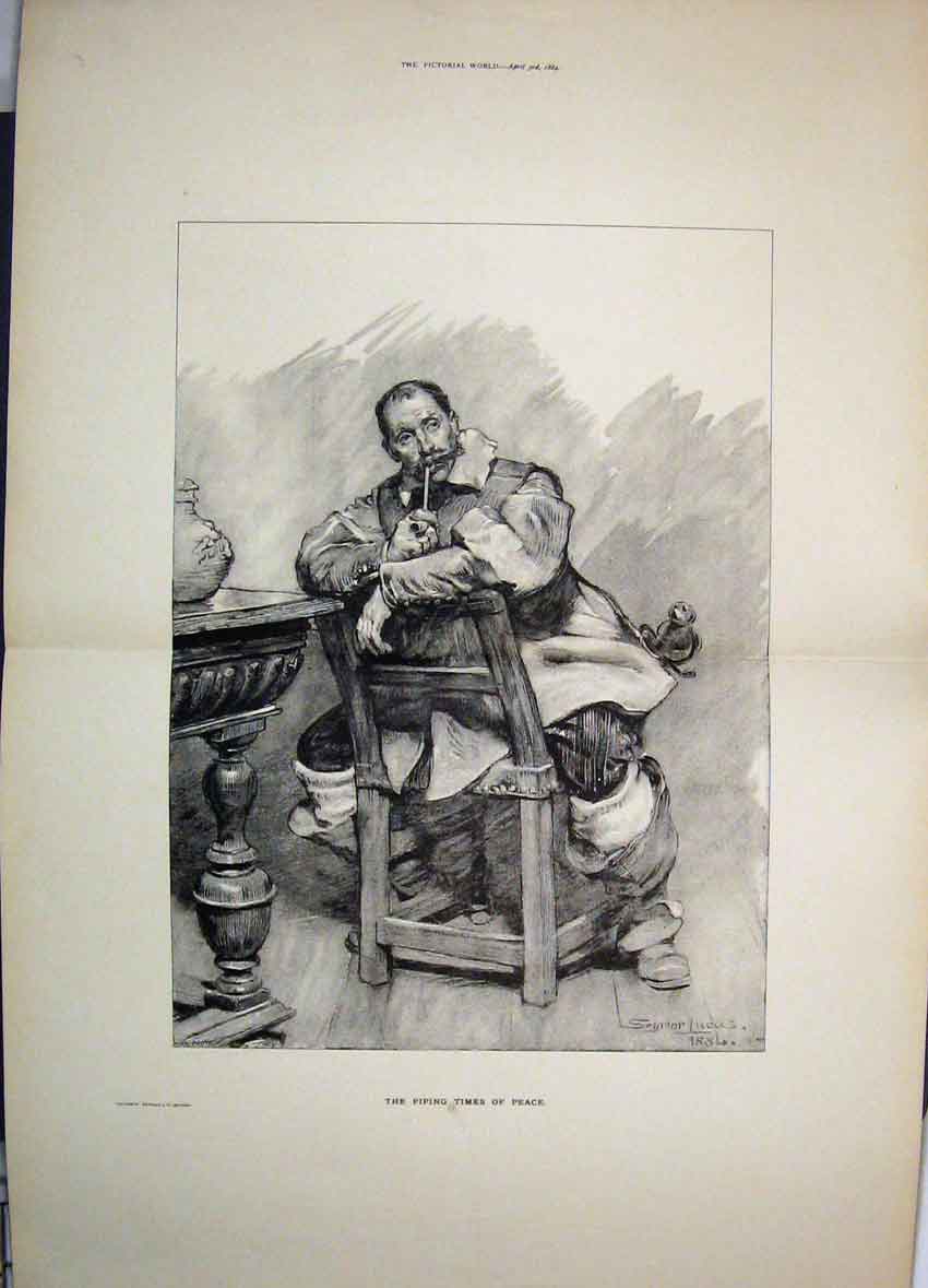 Original Old Antique Print 1884 Piping Times Peace Man Chair Ink Photo Victorian