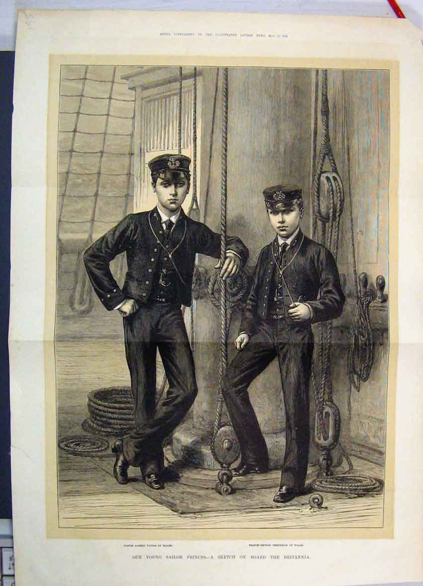 Original Old Antique Print 1878 Young Sailor Princes Ship Britannia Uniforms
