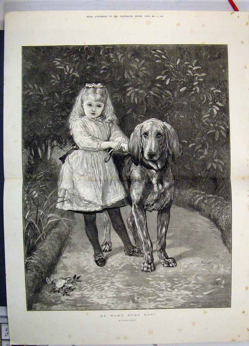 Original Old Antique Print 1875 Girl Hing Big Dog He Won'T Hurt You Victorian