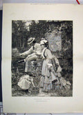 Original Old Antique Print 1875 Evening Hours Girl Family Fishing Tiddler 19th
