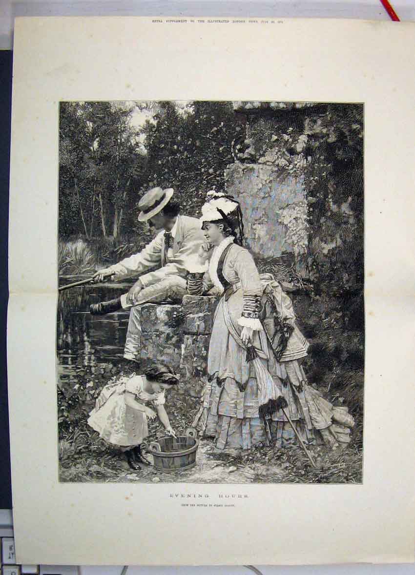 Original Old Antique Print 1875 Evening Hours Girl Family Fishing Tiddler 19th