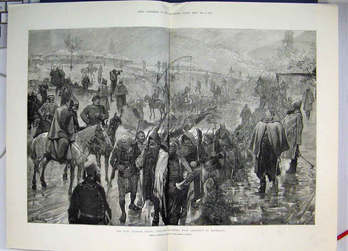 Original Old Antique Print 1877 War Turkish Troops Sinankeui To Kaceljevo 19th
