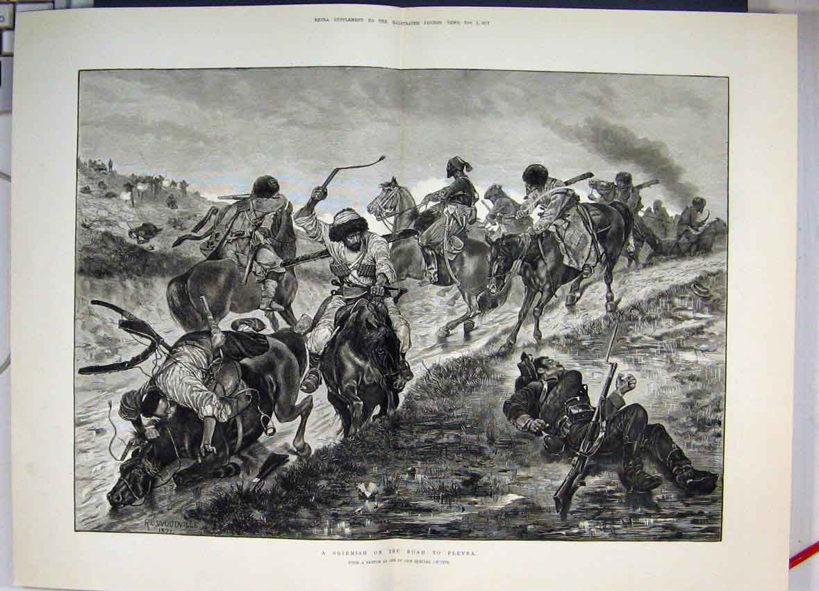 Original Old Antique Print Skirmish On Road To Plevna Horses Soliders 1877 19th