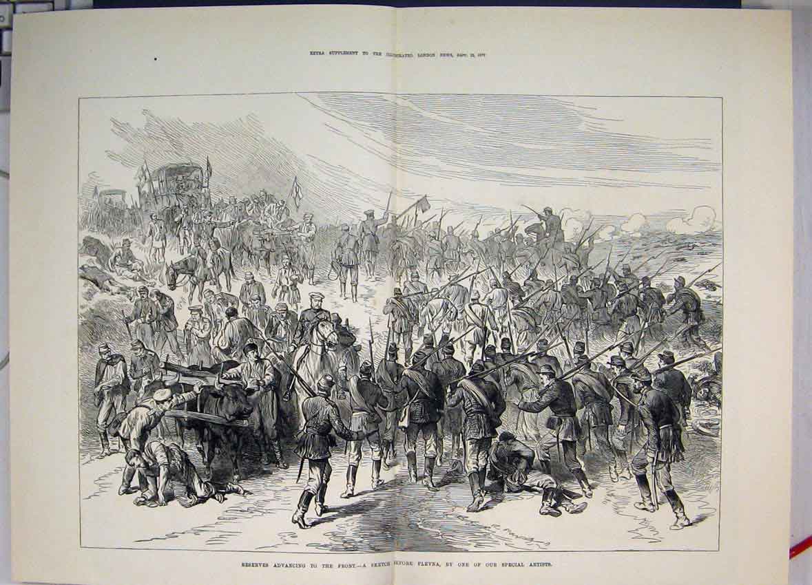 Original Old Antique Print 1877 Reserve Advancing To Front Before Plevna 19th