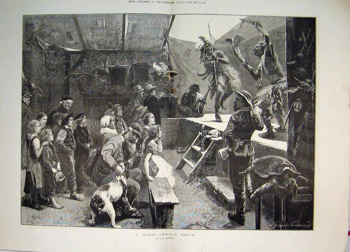 Original Old Antique Print 1876 A Wild West Indian Show Turtle Spectators 19th