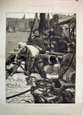 Original Old Antique Print 1876 Unloading A French Herring Boat Boulogne 19th
