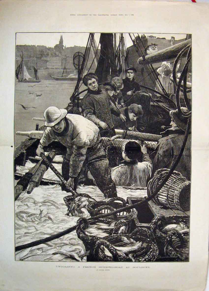 Original Old Antique Print 1876 Unloading A French Herring Boat Boulogne 19th