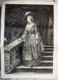 Original Old Antique Print 1876 Waiting Lady On Stone Stairs Garden Looking 19th