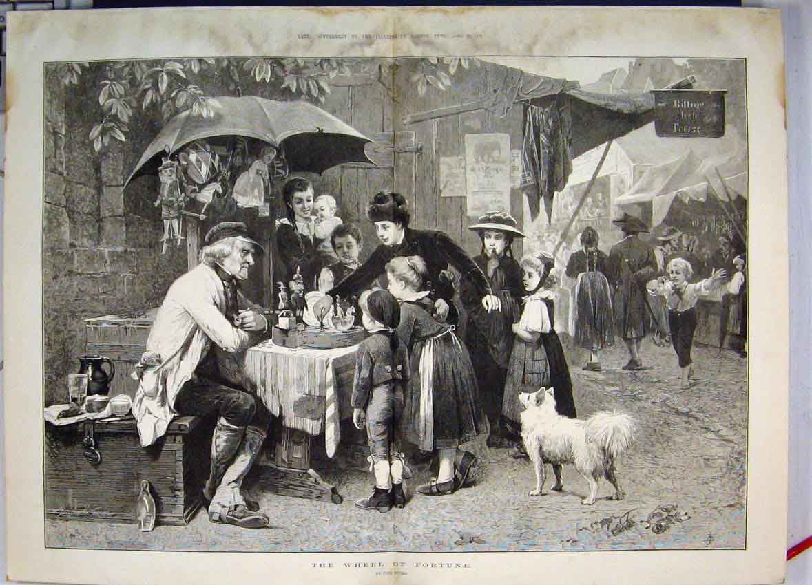 Original Old Antique Print The Wheel Fortune Street Side Show Stall 1876 19th