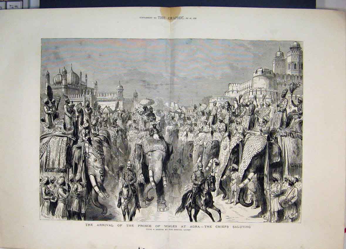 Original Old Antique Print 1876 Arrival Prince Wales Agra Chiefs Saluting 19th