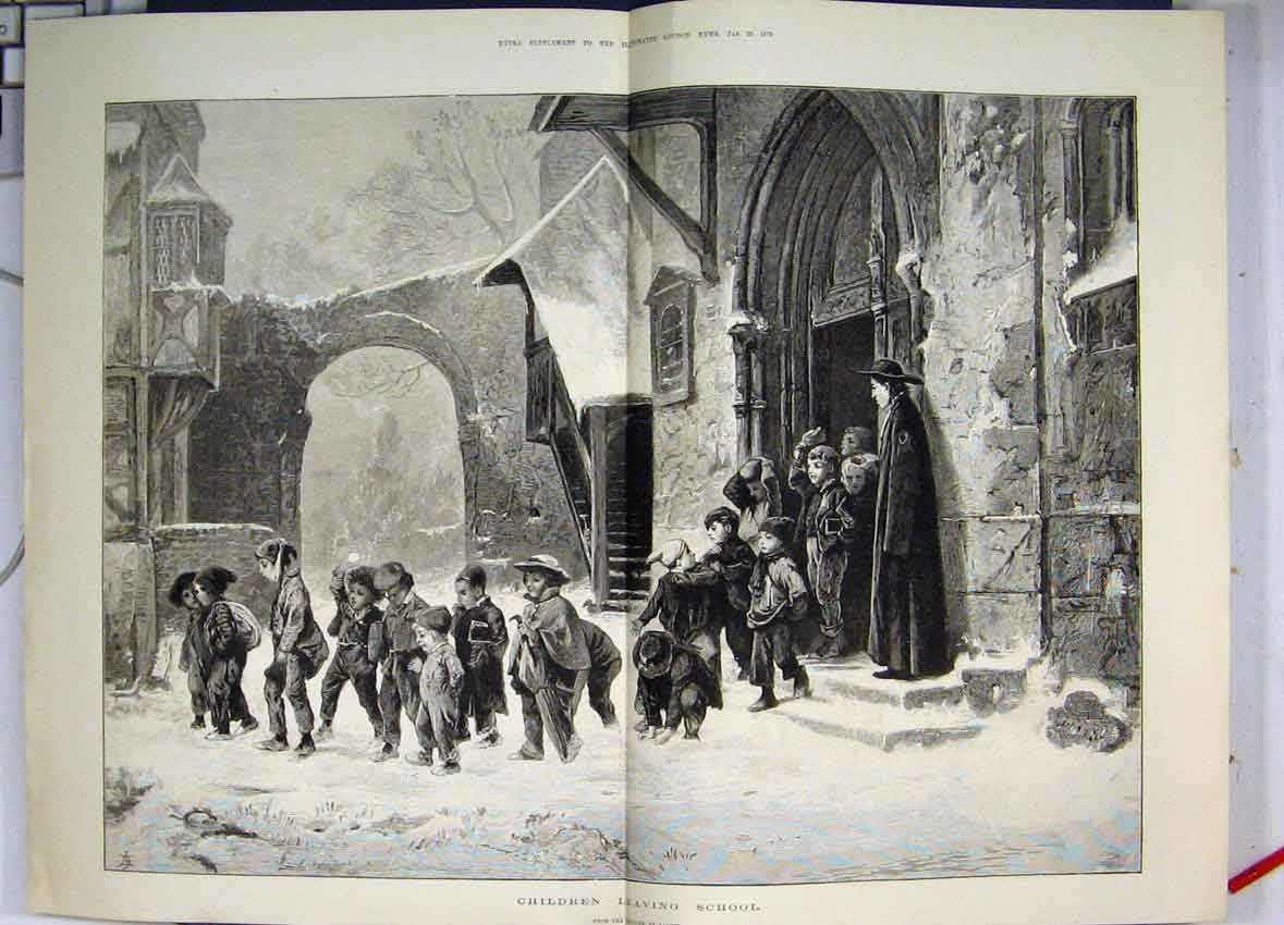 Original Old Antique Print C1880 Children Leaving School Snowy Day Outside 19th