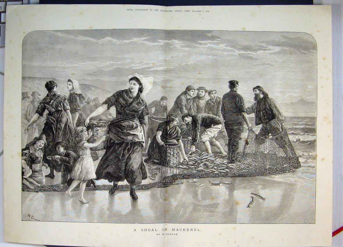 Original Old Antique Print 1873 Catch On Beach Shoal Mackerel Nets Baskets 19th