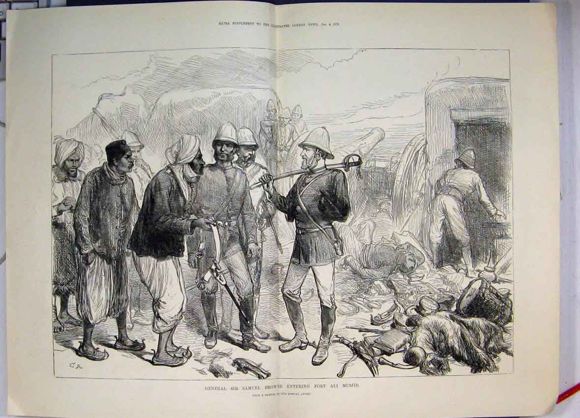 Original Old Antique Print 1879 General Samuel Browne Entering Fort Ali Musjid