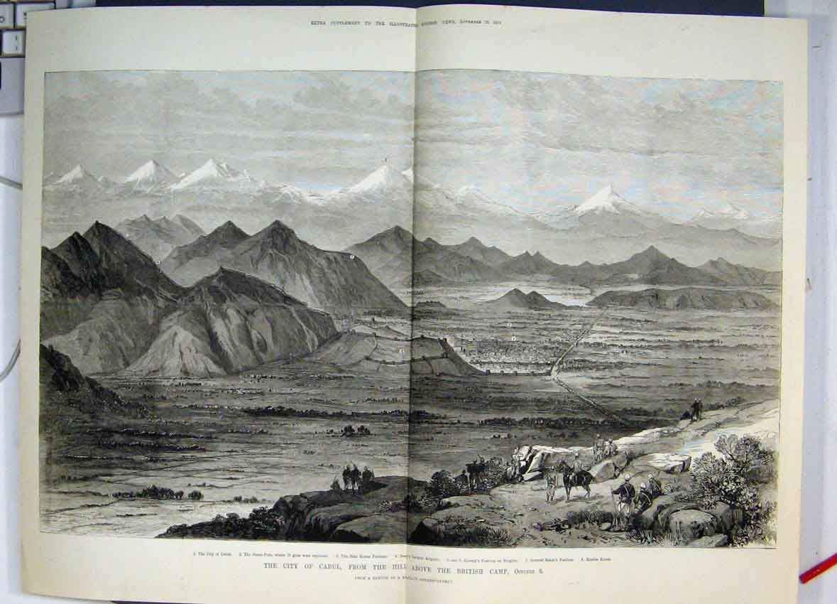 Original Old Antique Print 1879 City Cabulview Hill Above British Camp Victorian