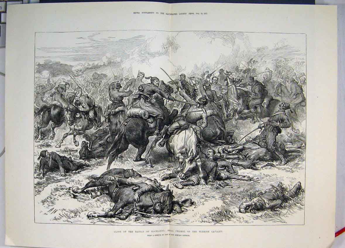 Original Old Antique Print 1877 End Kaceljevo Battle Charge Turkish Cavalry 19th