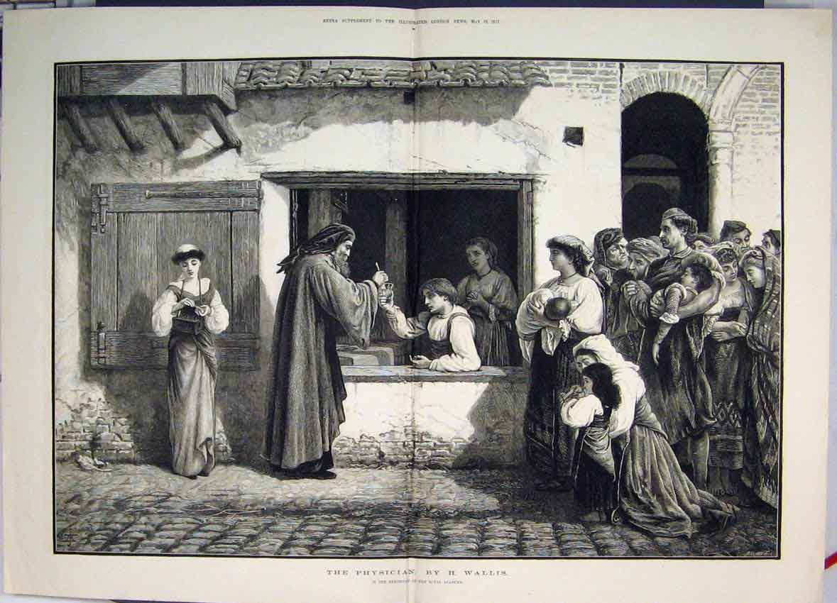 Original Old Antique Print 1877 Physician People Lining Up To Be Cured Potions