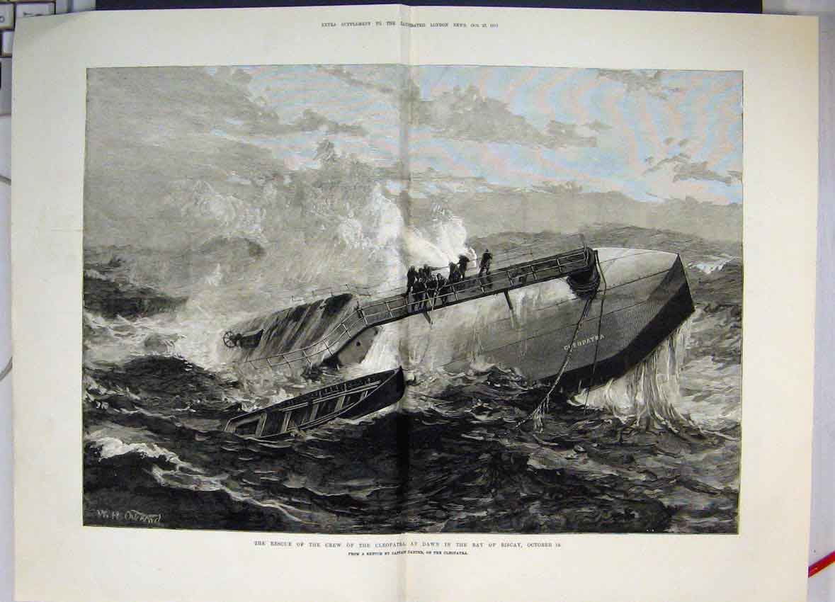 Original Old Antique Print 1877 Rescue Crew Cleopatra Bay Biscay 19th