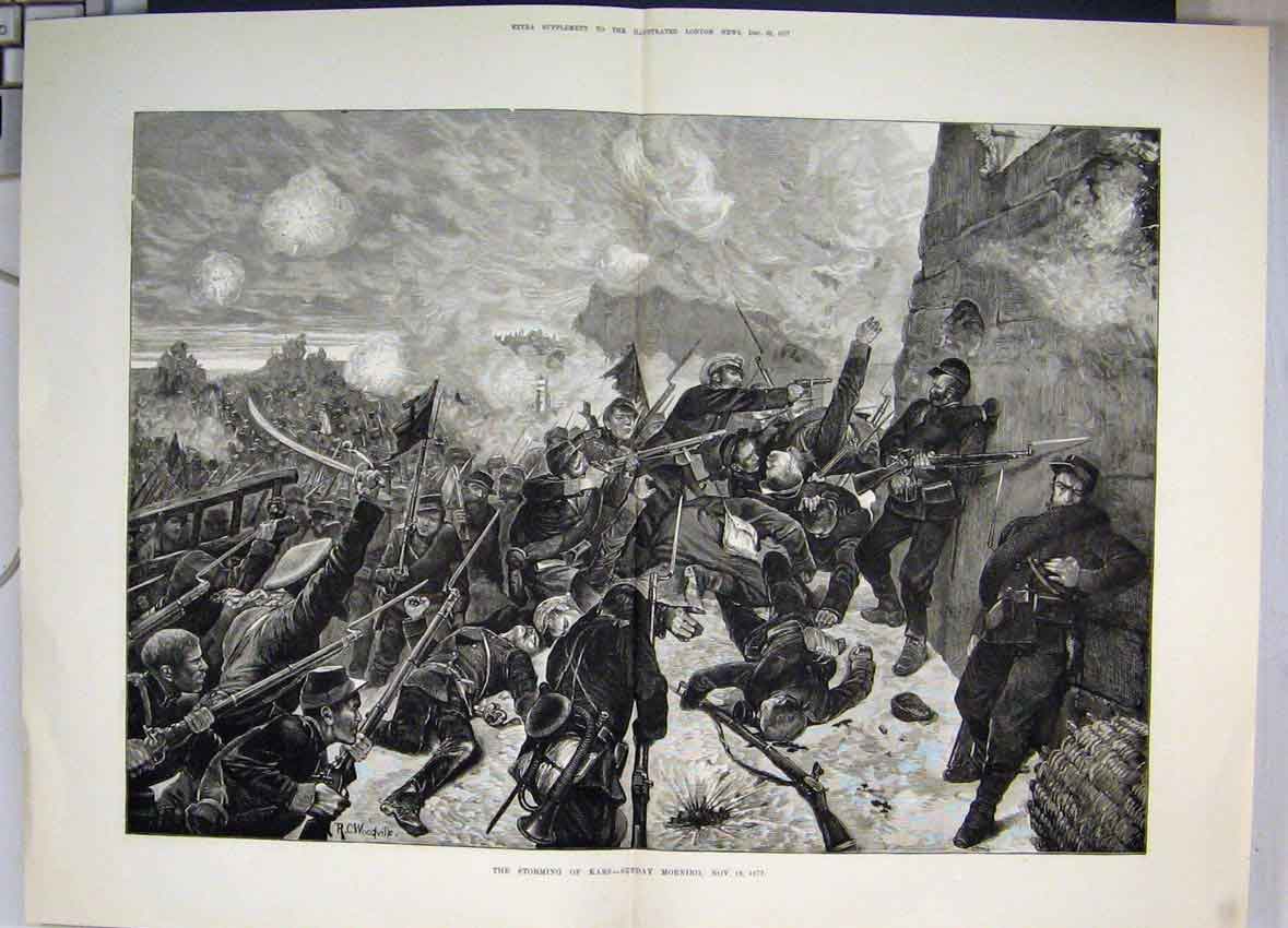 Original Old Antique Print Storming Kars Sunday Morning Woodville 1877 Victorian