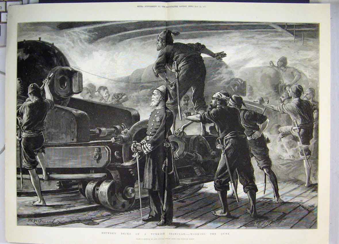 Original Old Antique Print 1877 Between Decks Turksih Ironclads Working Guns