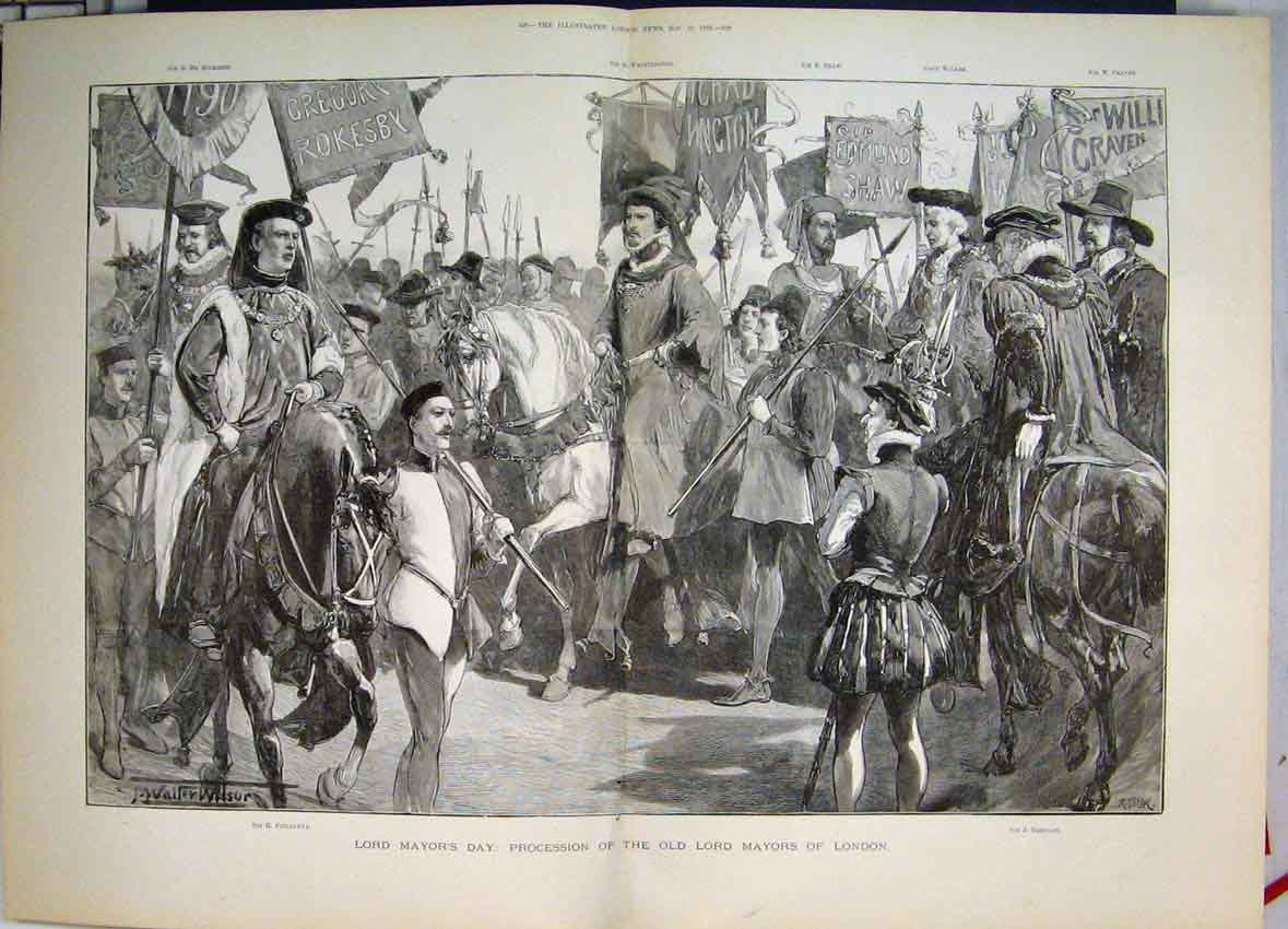 Original Old Antique Print 1889 Lord Mayors Day Procession Mayors London 19th