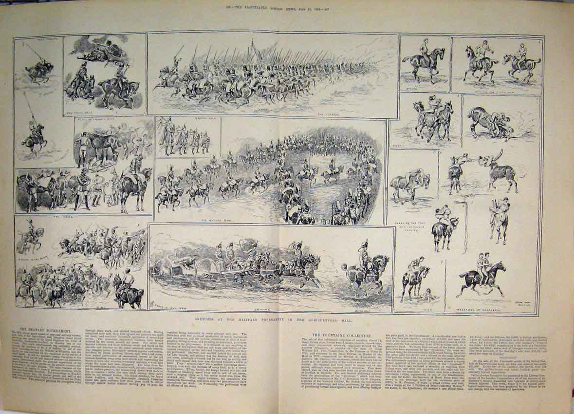 Original Old Antique Print 1884 Military Tournament Horses Agricultural Hall