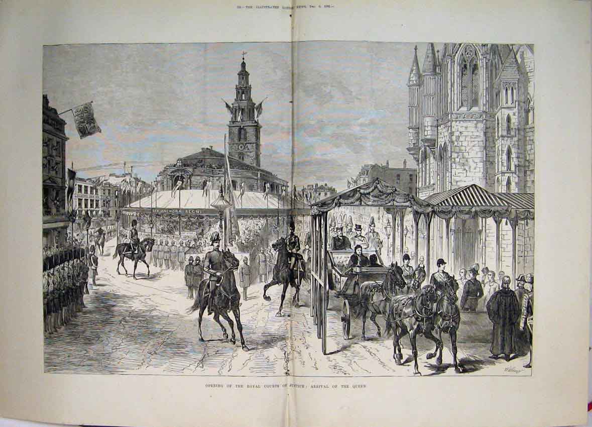 Original Old Antique Print 1882 Opening Royal Court Justice Arrival Queen 19th