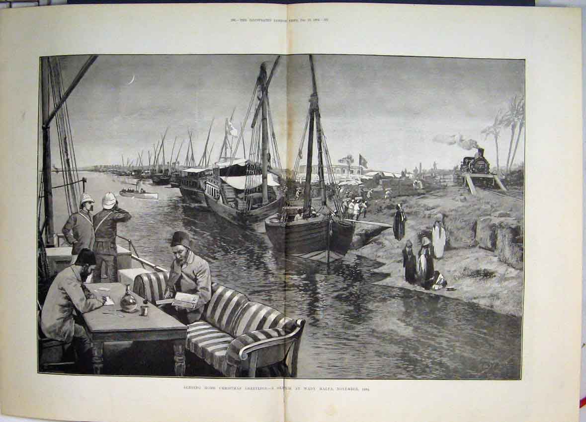 Original Old Antique Print 1884 Sending Home Christmas Greetings Wady Halfa 19th