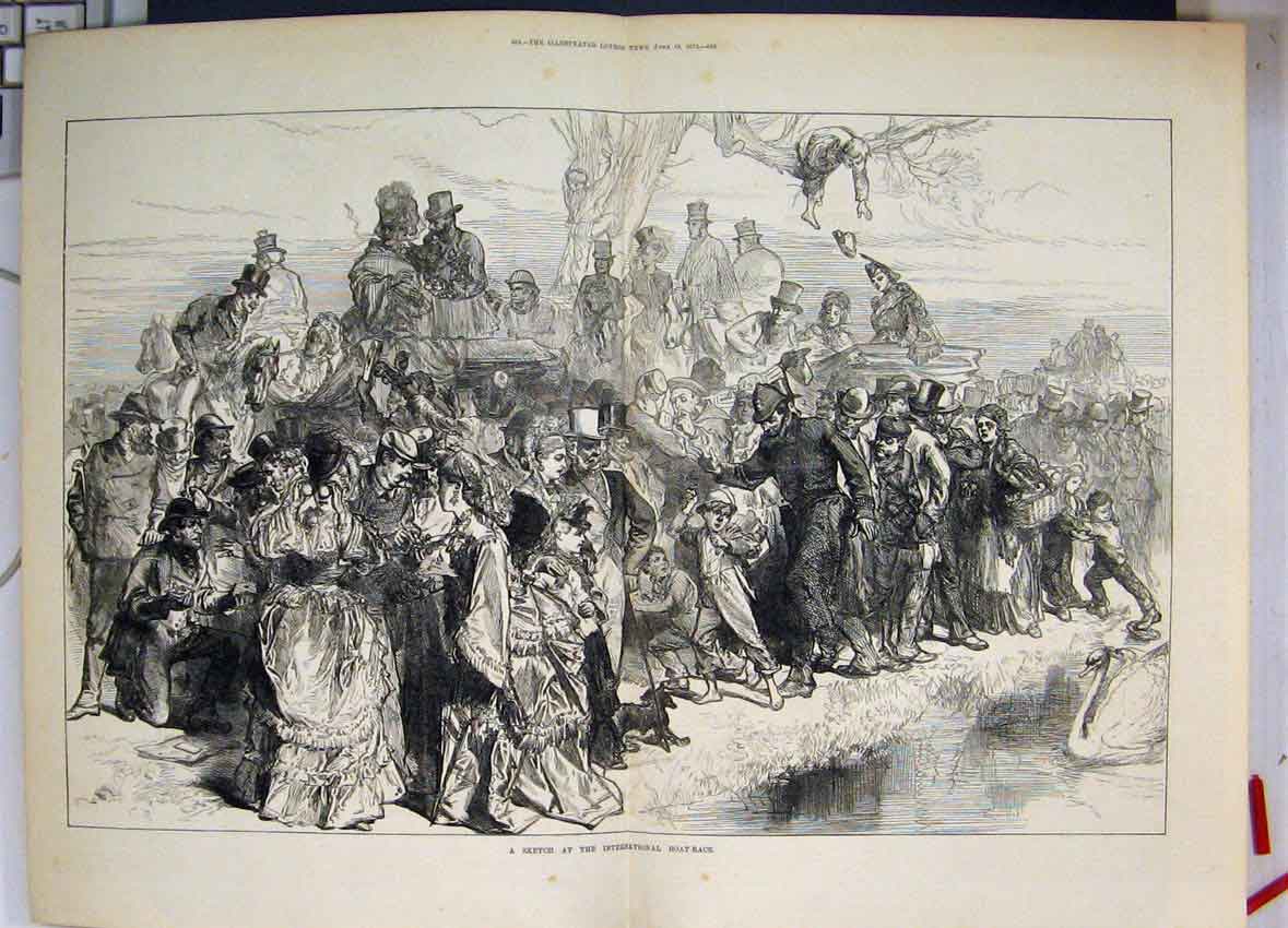 Original Old Antique Print 1872 Scenes From International Boat Race Swans 19th