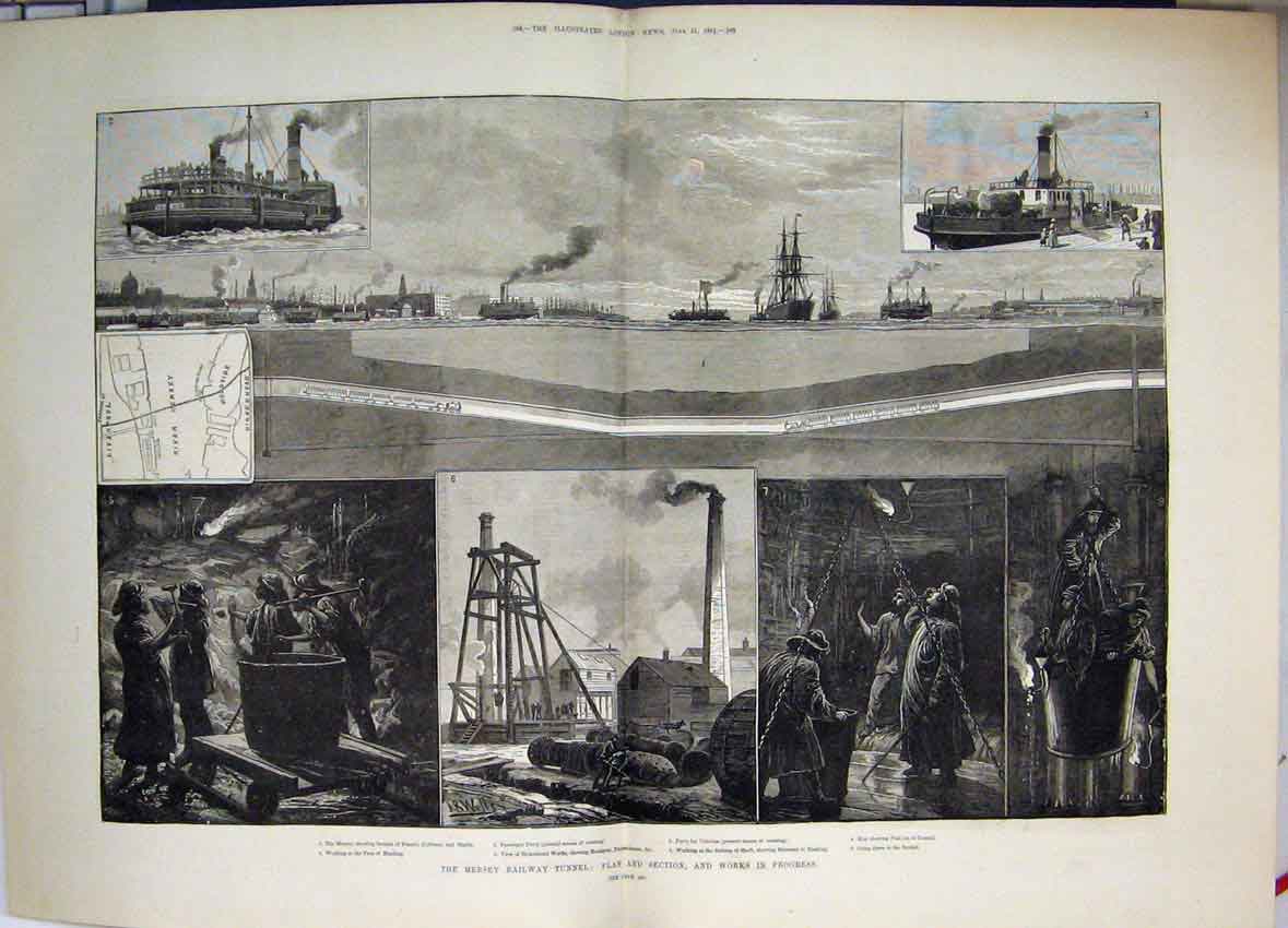 Original Old Antique Print 1881 Mersey Railway Tunnel Work In Progress Victorian