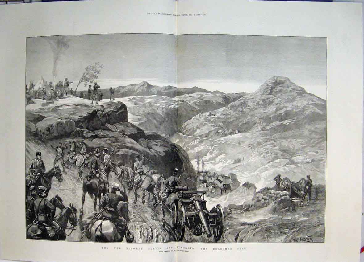 Original Old Antique Print 1885 War Servia Bulgaria The Dragoman Pass Gun 19th