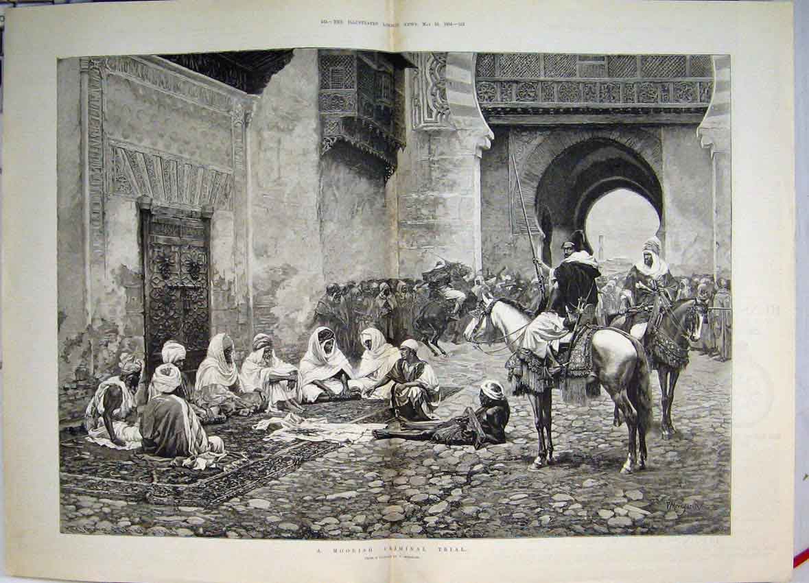 Original Old Antique Print 1884 A Moorish Criminal Trial Men On Horses Victorian