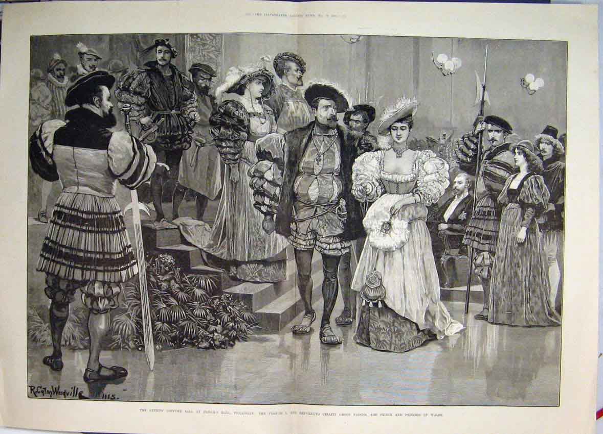 Original Old Antique Print 1885 Artist Costume Ball Piccadilly Benvenuto Group