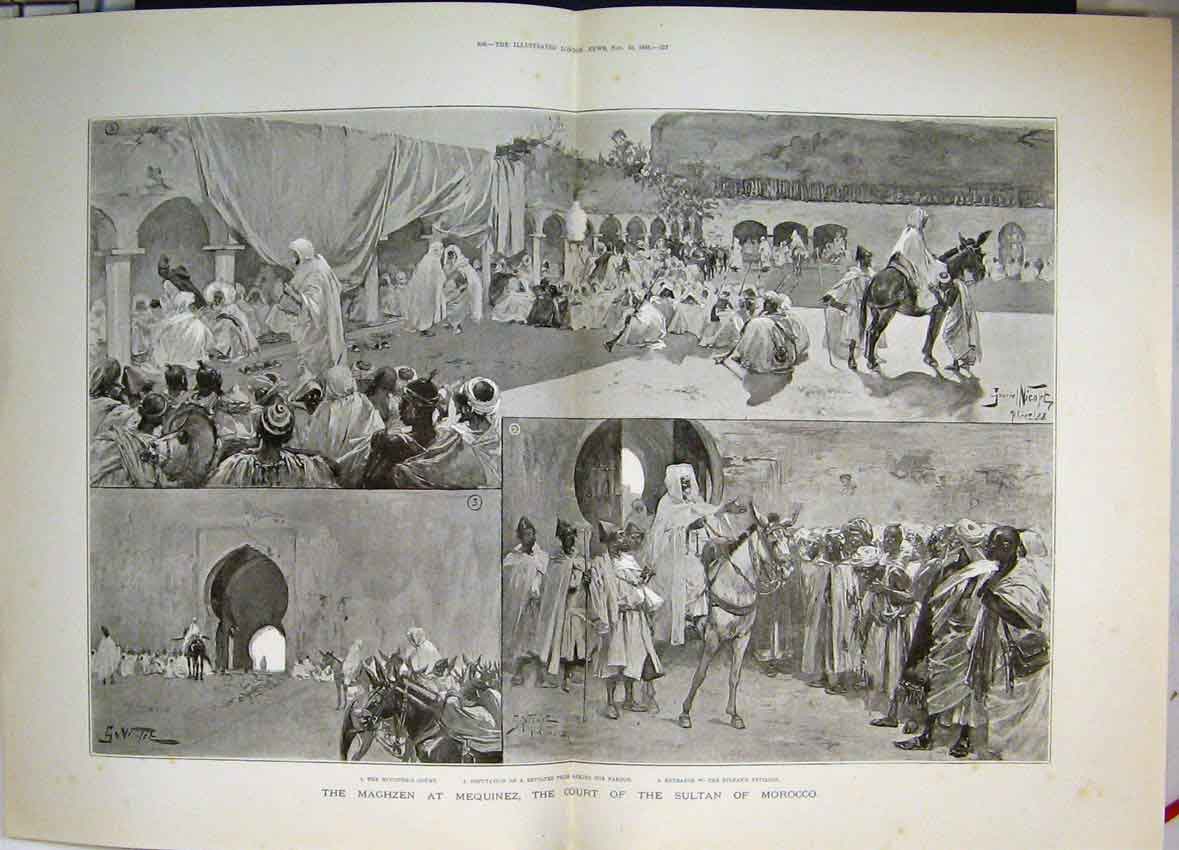 Original Old Antique Print 1888 Maghzen At Mequinez Sultan Morocco Court 19th