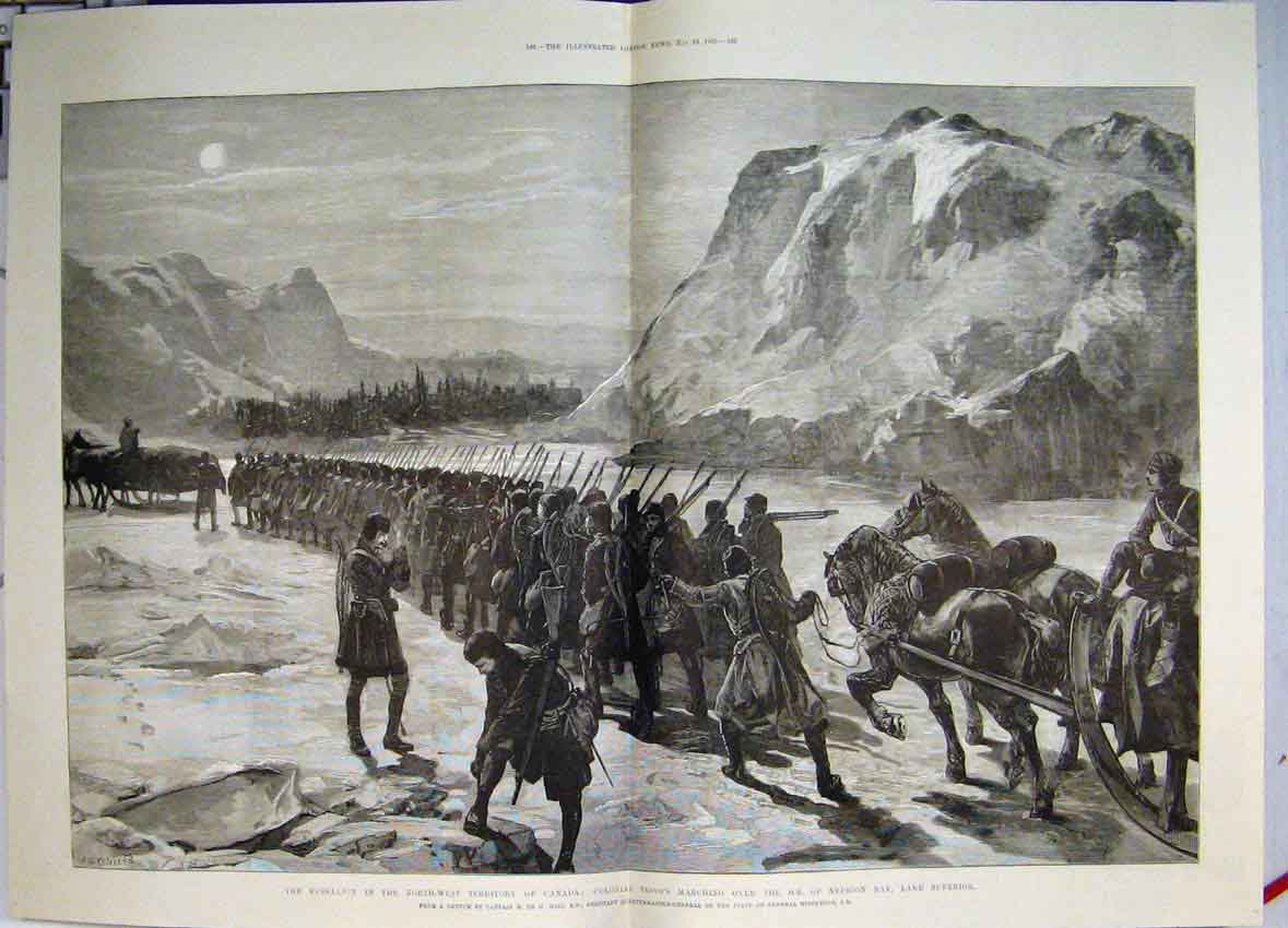 Original Old Antique Print 1885 Troops Marching Ice Nepigon Bay Lake Superior